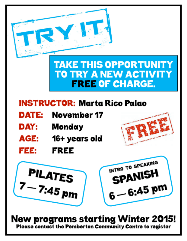 Try free Spanish or Pilates taster at Pemberton COmmunity Centre November 17