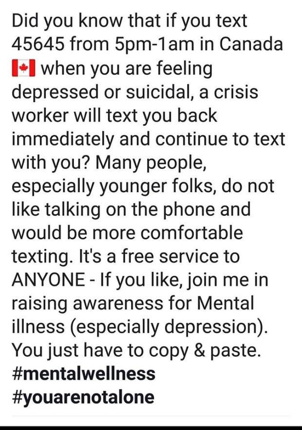 WoCh mental health number to text
